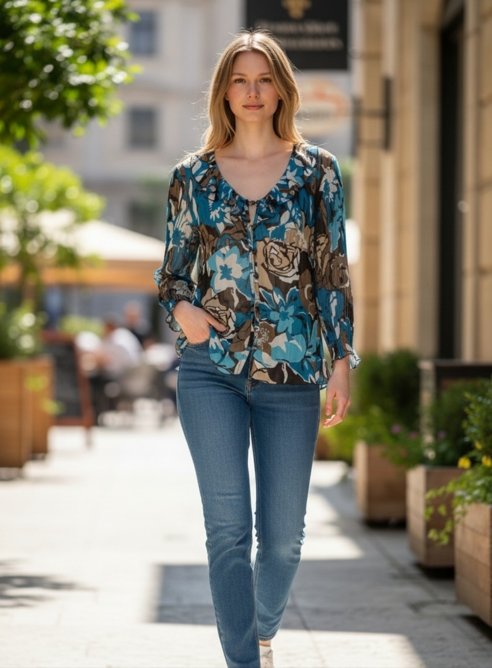 Croft & Barrow Blue Floral V-Neck Button Front Blouse